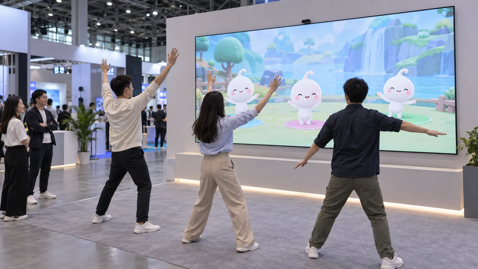 展台多人互动场景示意，三位访客通过动作控制大屏角色
